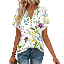 Women's Short Sleeve V-Neck Blouses, Work Blouses,-Blue XXL