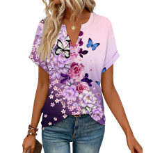Women's Short Sleeve V-Neck Blouses, Work Blouses,-Purple S