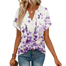 Women's Short Sleeve V-Neck Blouses, Work Blouses,-Lavender L