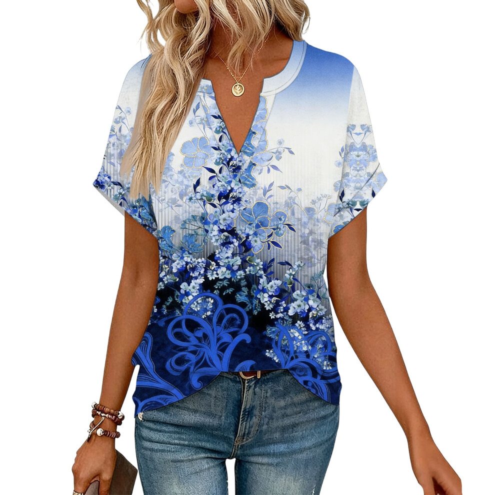 Blue Women's Short Sleeve V-Neck Blouses, Work Blouses,- L