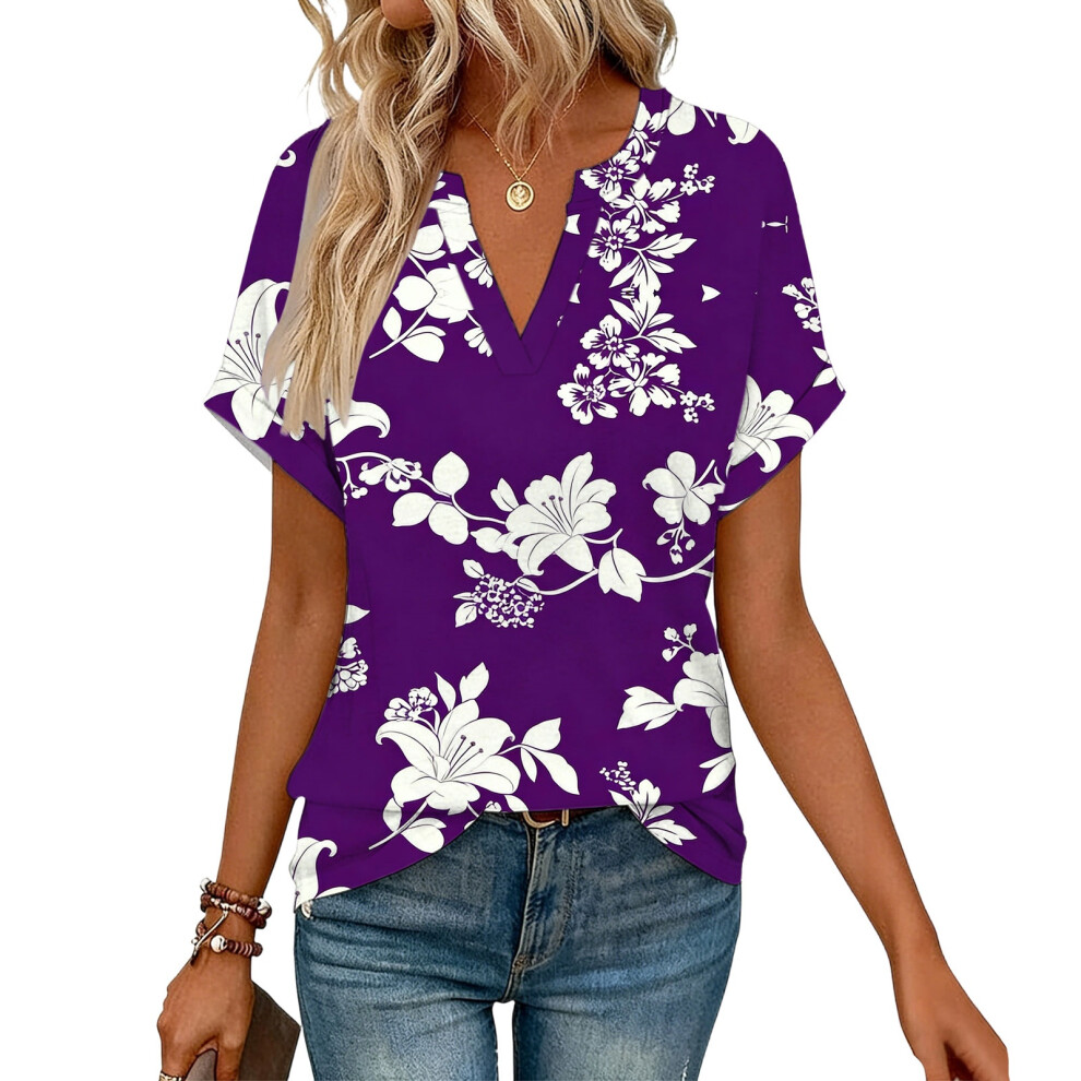 Fuchsia Women's Short Sleeve V-Neck Blouses, Work Blouses,- S