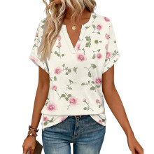 Women's Short Sleeve V-Neck Blouses, Work Blouses,-White XL