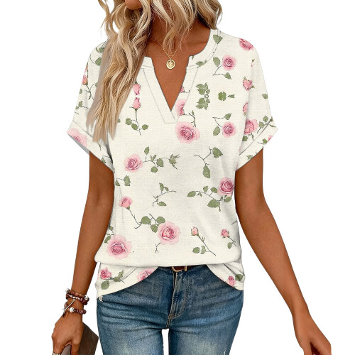 Women's Short Sleeve V-Neck  Blouses, Work Blouses,-White XL