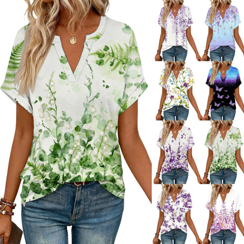 Women's Short Sleeve V-Neck  Blouses, Work Blouses,-Lavender L 1