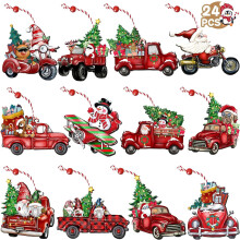 Wooden Christmas Red Truck Ornaments 24pcs