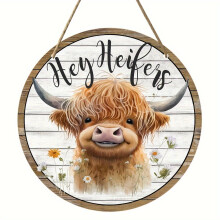 Vintage-Hängeschild aus Holz „Hi Heifers Highland Cow Plaque“