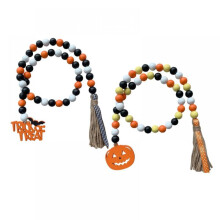 2 ks 34" halloweenskej girlandy z drevených korálok s jutovým lanom, kockovanou strapcovou visačkou, prírodnou jesennou šnúrkou, dekoráciou