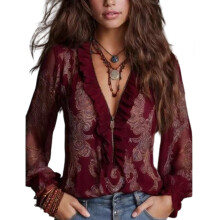 Women's Bohemian Floral Print Casual Chiffon Blouse-Red XL
