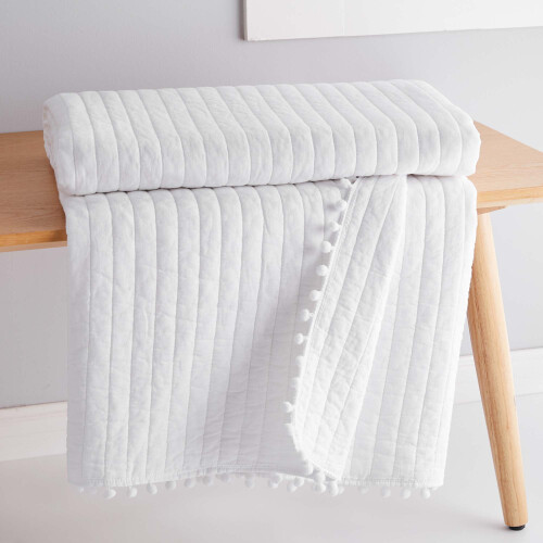 White Pom Pom Quilted Throw 50x60in Reversible Cotton 2