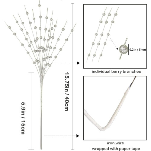 Silver Glitter Berry Stems 15.75 inch 30 pack 2