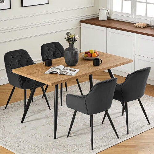 AINPECCA Oak Effect Dining Table and 4 Black Velvet Chairs
