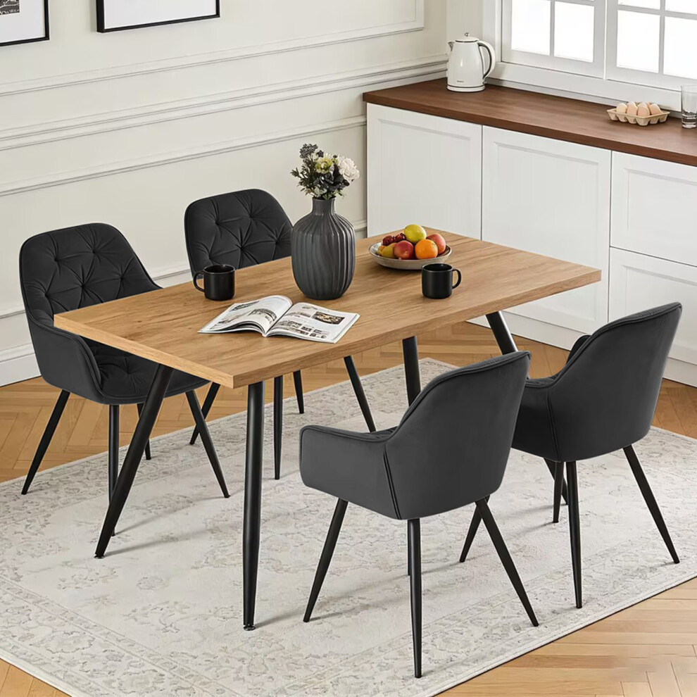 Ainpecca Oak Effect Dining Table And 4 Velvet Chairs Black