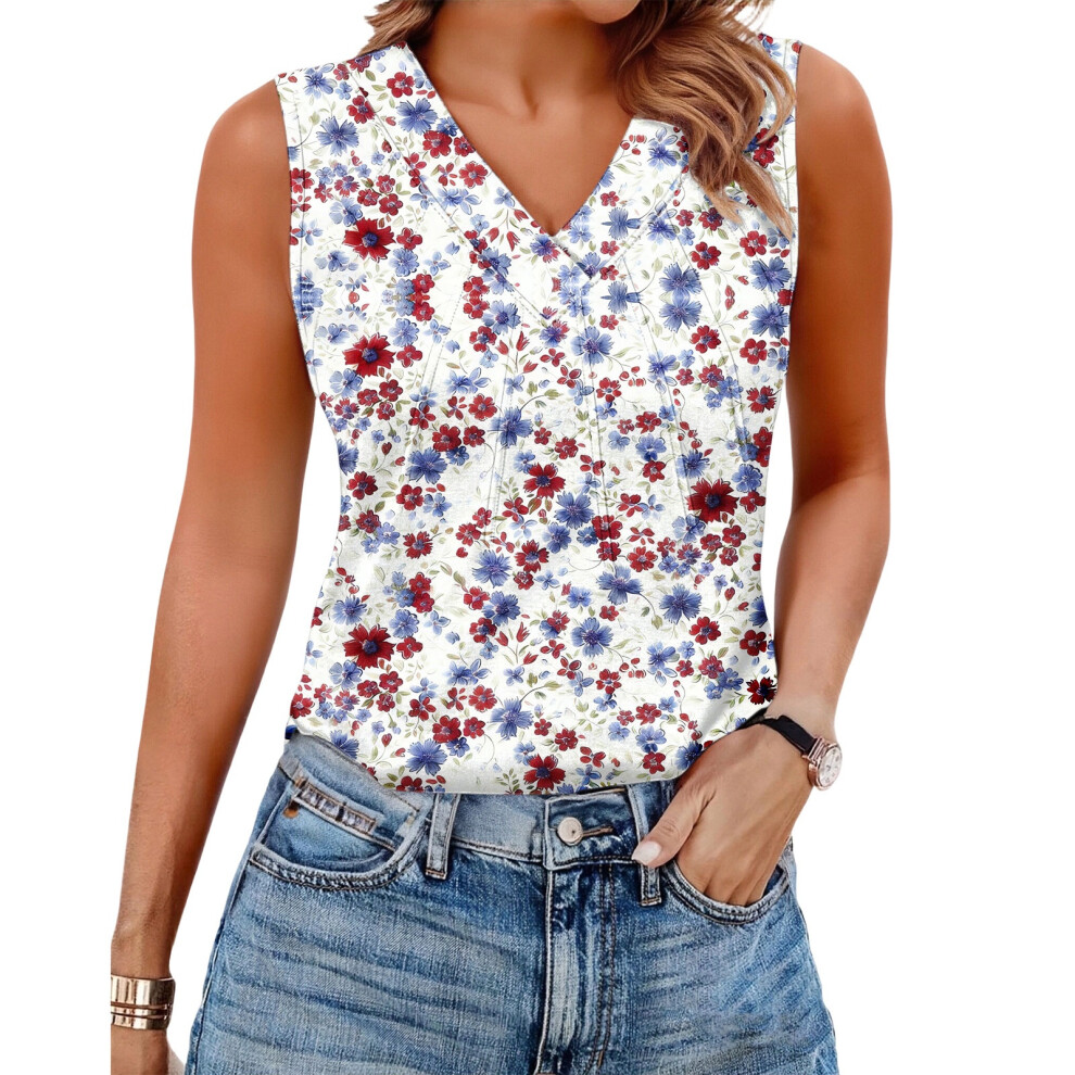 Red Women's Sleeveless Tops, Loose Fit, V-Neck, Summer,- L