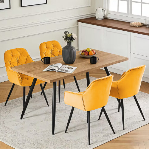 AINPECCA Oak Effect Dining Table and 4 Yellow Velvet Chairs