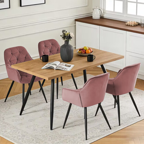 AINPECCA Oak Effect Dining Table and 4 Rose Velvet Chairs