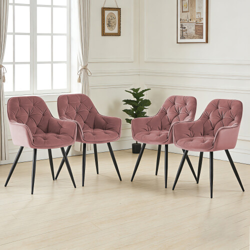 AINPECCA Oak Effect Dining Table and 4 Rose Velvet Chairs 2