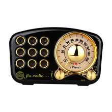 Altavoz Bluetooth retro con radio FM clásica, refuerzo de graves, lector de tarjetas TF y reproductor de MP3, color negro.