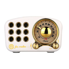 Altavoz Bluetooth retro con radio FM clásica, refuerzo de graves, lector de tarjetas TF y reproductor de MP3, color blanco.