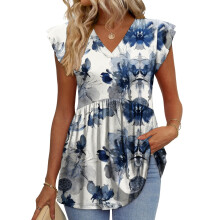 Womens Tops Shirts Ruffle Sleeve Spring Outfits-Sky Blue S