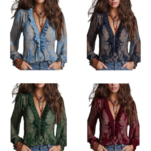 Ruffled Floral Pattern V Neck Chiffon Top Long Sleeve-Red M 2