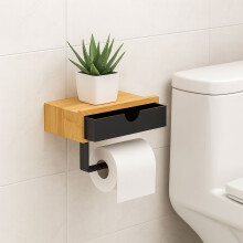 Toiletrolhouder van bamboe met plankje - voor wandmontage