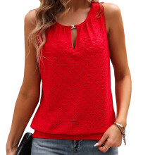 Button Embroidered Eyelet Top Women Tops Casual Country-Red L