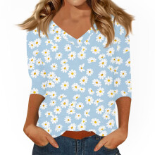 Women Sleeve V-Neck Casual Outing Shirt Loose-light blue XXL
