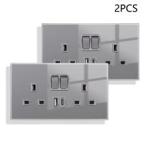 [Clearance] - Nastopee 2 Pack Double USB Wall Socket with USB-C & USB-A Ports, UK 13A Switched Plug Socket with 20W Fast Charging, Grey Glass Panel