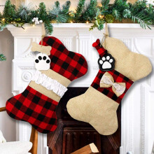 Meias de Natal para Cães de Estimação, com Estampa Xadrez de Juta que Enfeita o Natal do Seu Amigo Peludo e Deixa Seu Amigo de Estimação Ainda