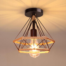 Vintage industrial iDEGU ceiling light, metal diamond cage and hemp rope, E27 pendant light for dining room, living room, kitchen, black