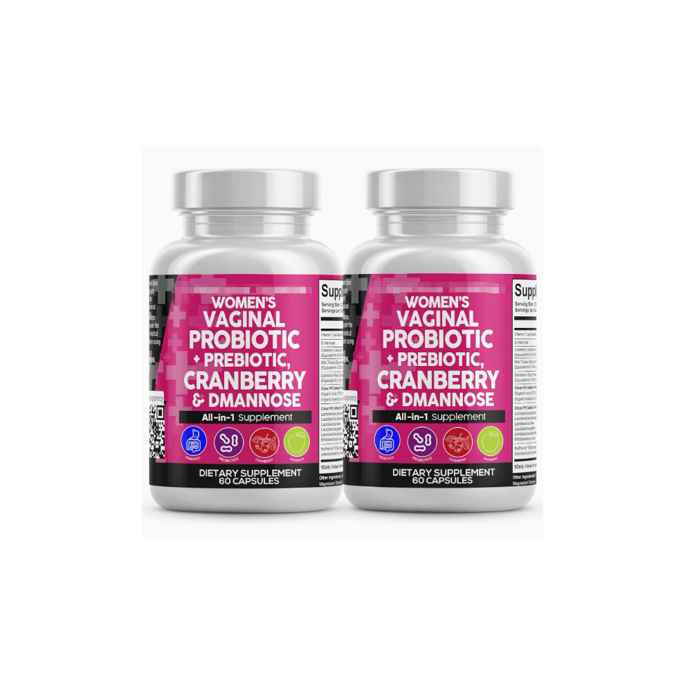 (2Pcs) Womenâs All-in-One Probiotic Supplement, with Prebiotics, Cranberry and D-Mannose, for Feminine and Digestive Wellness, 60 Capsules