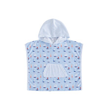 (12-18 Months, Blue) Toddler Sailboat Print Beach Towel with Plaid Hood and Pocket Casual Hooded Bath Towels Baby Swim Robes