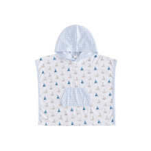 (2-3 Years, Sky Blue) Toddler Sailboat Print Beach Towel with Plaid Hood and Pocket Casual Hooded Bath Towels Baby Swim Robes