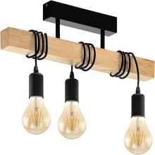 Suspension à trois lumières, bandeau en bois avec douilles E27, lustre rétro industriel en métal noir, luminaire de salon