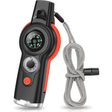 7-in-1 noodfluitje met overlevingsfunctie, multifunctioneel veiligheidsfluitje voor buiten met draagkoord.