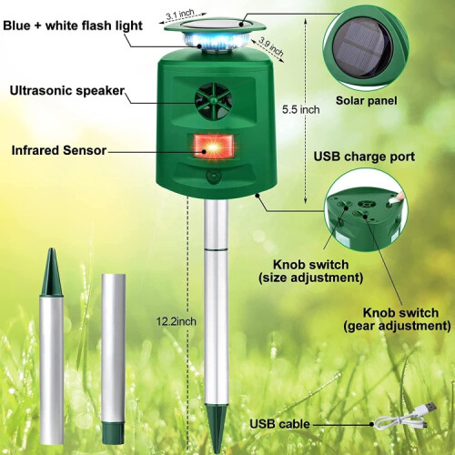 Solar Powered Animal Repeller 360 Degree Strobe Light Bird Repeller Ultrasonic Rat Repeller(Green) 2