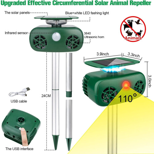 Solar Powered Animal Repeller 360 Degree Strobe Light Bird Repeller Ultrasonic Rat Repeller(Green) 2