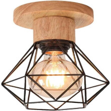 Plafonnier semi-encastré de style ferme vintage en bois et métal noir pour entrée, couloir, chambre