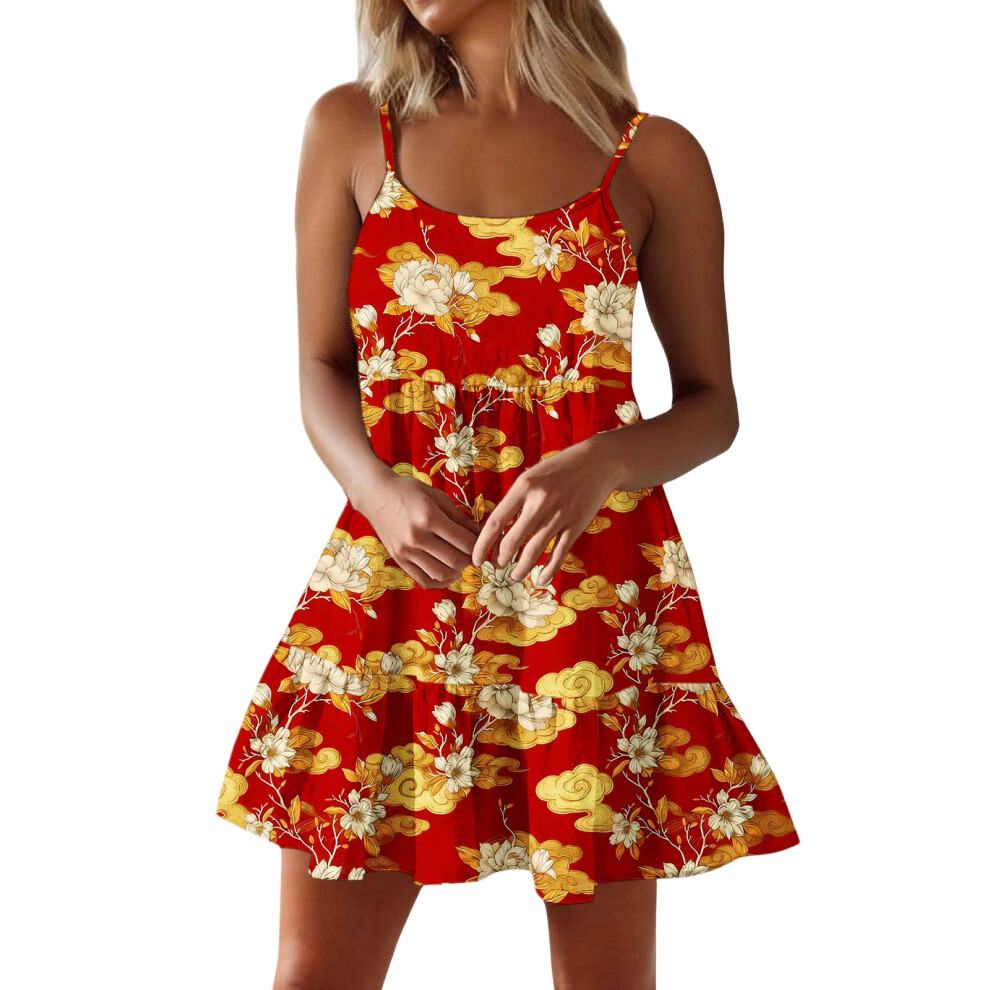Women Spaghetti Strap Ruffle Tiered Short Flowy Dress-Yellow M