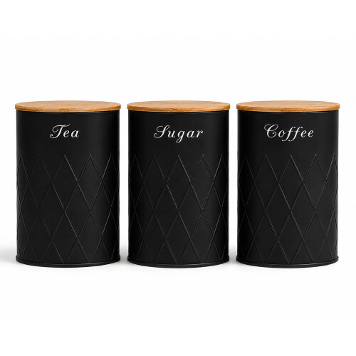 Oypla Oypla 5pc Black Bamboo Lid Kitchen Canister Storage Tin Set Bread Biscuits Tea Sugar Coffee 1