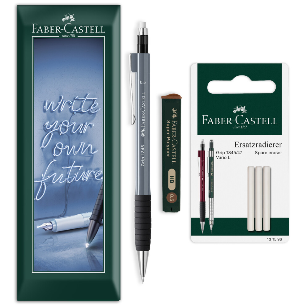 Faber-Castell Grip 1345 Mechanical Pencil Set Eraser, Leads Stone Grey