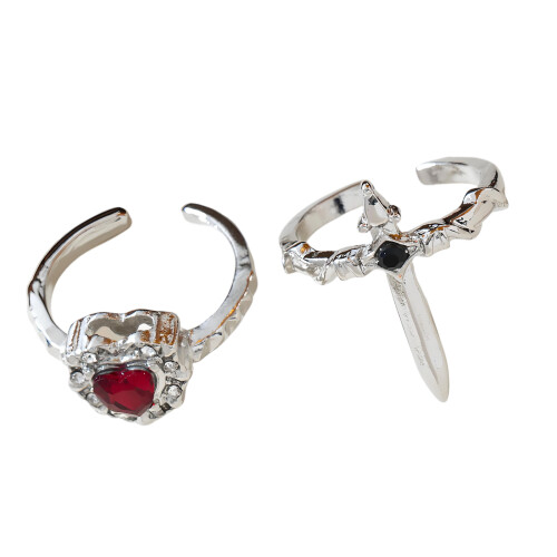 2 Stück Gothic-Schwerter und Herzringe aus robuster-Rotes Silber