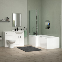 Cann L-Shaped LH Shower Bath, White Basin Vanity Unit with WC & BTW Toilet