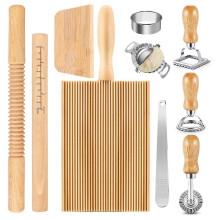 Wood Threaded Rolling Pin Pastas Tool Set Dough Scraper Gnocchi Board Dumpling Maker Ravioli Stamp Cutter Wood Texture