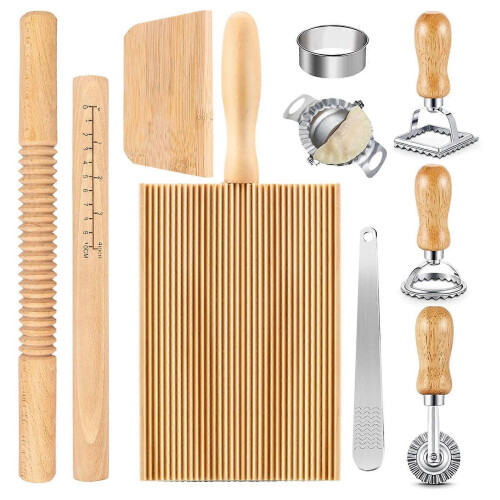 Wood Threaded Rolling Pin Pastas Tool Set Dough Scraper Gnocchi Board Dumpling Maker Ravioli Stamp Cutter Wood Texture