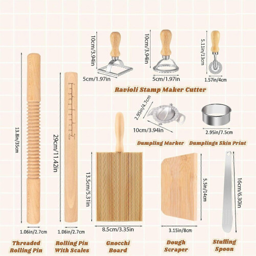 Wood Threaded Rolling Pin Pastas Tool Set Dough Scraper Gnocchi Board Dumpling Maker Ravioli Stamp Cutter Wood Texture 2