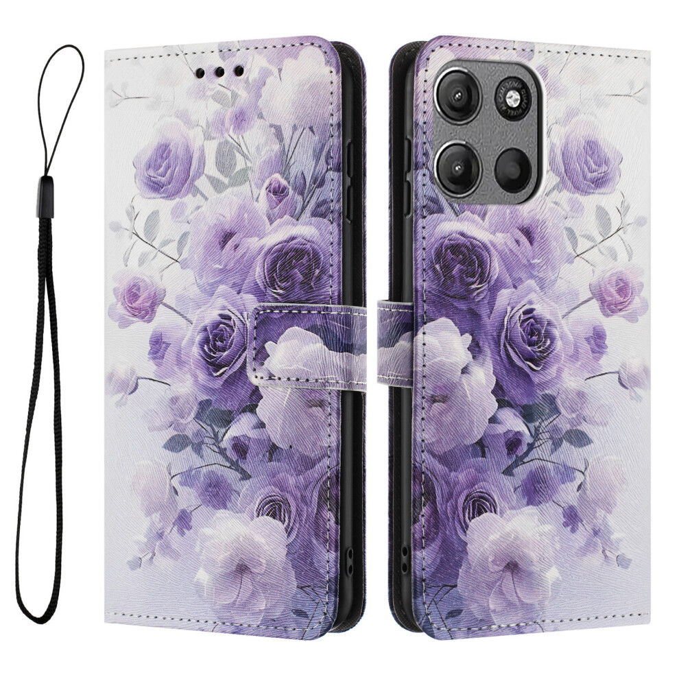 ( Rose) Phone Cover For Motorola Moto G17 Power 4G / G17 4G / G15 4G / G15 Power 4G Wallet Case Pattern Prin Purple 6914295596183