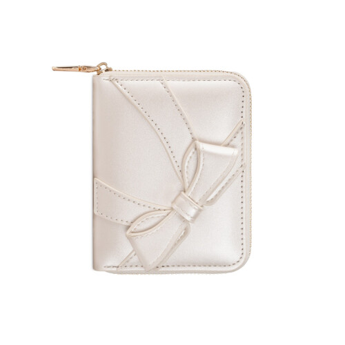 Compact Bows Themed PU Coin Pouch Lightweight-Pearlescent white