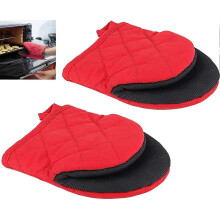 Pair Short Oven Mitts Heat Resistant for 500 Degrees, Non-Slip Surfaces and Hanging Loop Gloves, Baking Cooking, BBQ, Machine Washable