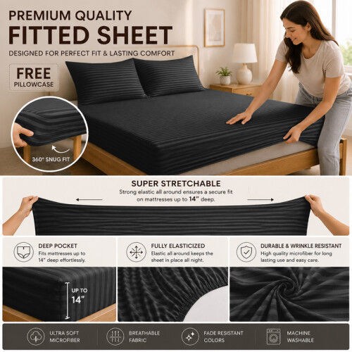 Imperial Rooms (2X Double, Black) 40cm Deep Stripe Fitted Sheet with Free Pillowcases | Extra Deep Stretchable Hotel Quality Fitted Bed Sheets in 2 Pack 1